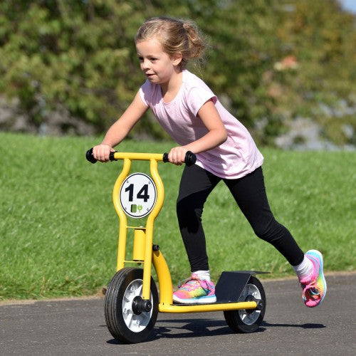 Yellow kids 3-wheel scooter with front number plate 14