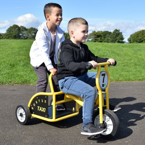 Yellow kids ride-on taxi tricycle with handlebar and front number plate
