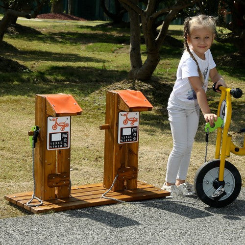 Kids wooden charging station with two orange-roof pedestals and digital display