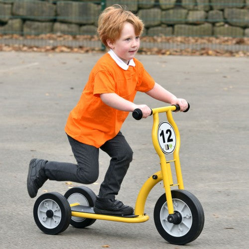 Yellow three-wheel trike scooter with number plate, black handlebars and grips