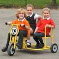 Yellow ride-on tuk tuk tricycle with handlebars and three wheels
