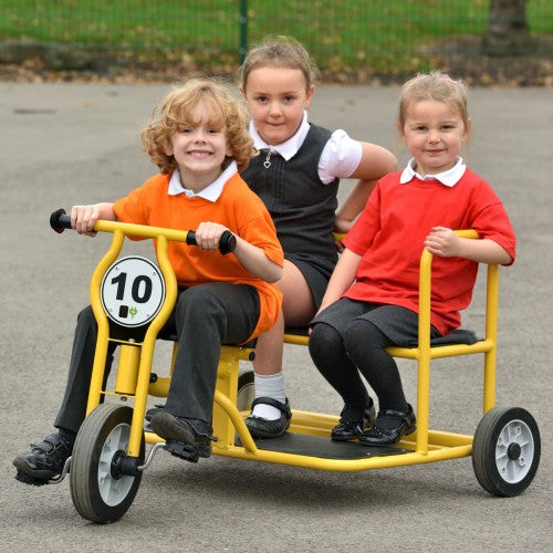 Yellow ride-on tuk tuk tricycle with handlebars and three wheels