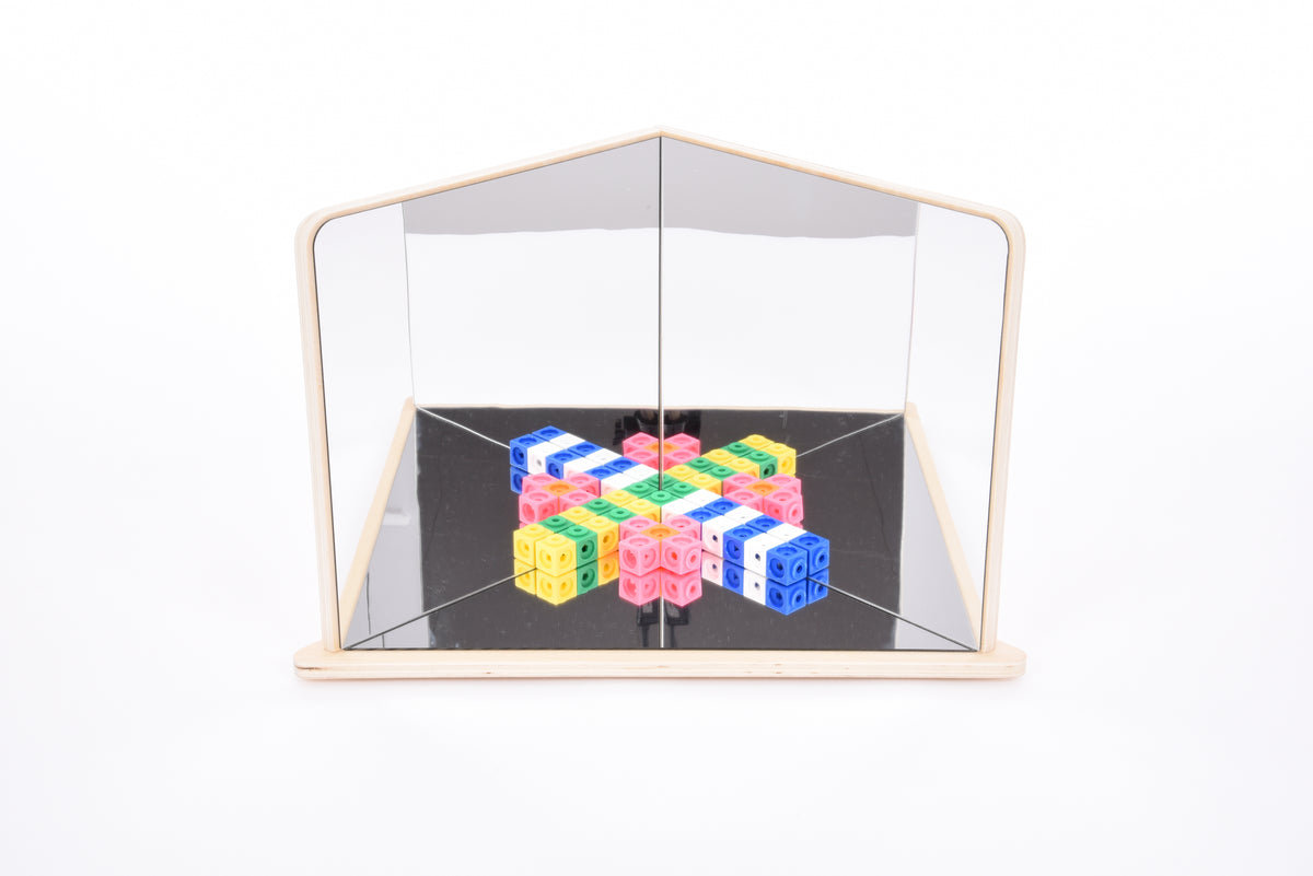 Wood-framed 4-way mirror reflecting colorful cubes inside the display