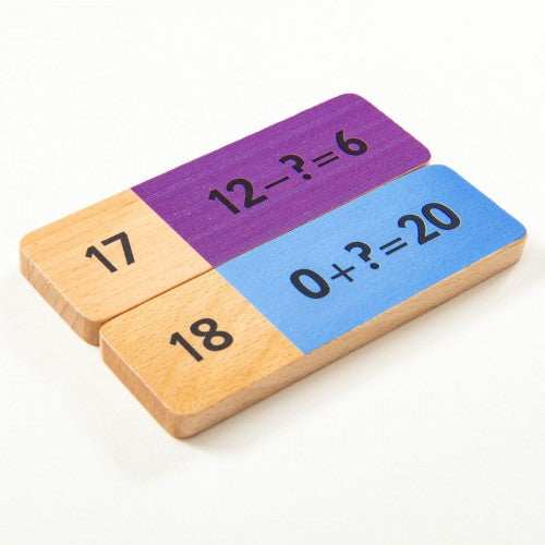 Wooden addition and subtraction dominoes set with number tiles 17,18,12-3=6,0+?=20