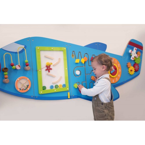 Blue wooden airplane activity wall toy with multiple interactive panels and gears