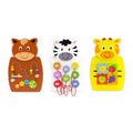 Wooden animal activity wall toy set of 3: cat, cow, and giraffe panels with beads.