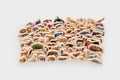 Wooden animal block set of assorted animal shapes laid out on a white surface