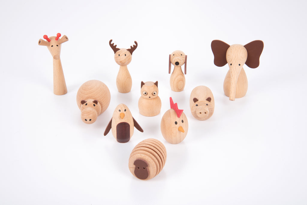 Wooden animal figurines with various ears, tails, and animal faces