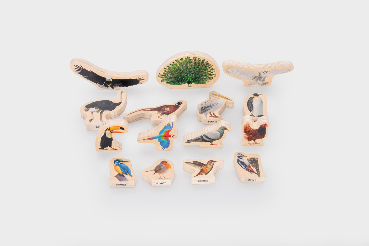 Wooden bird blocks set of colorful animal figures on small wooden bases