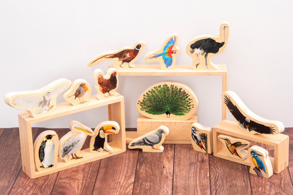 Wooden bird blocks in a multi-level wooden display stand with bird pieces