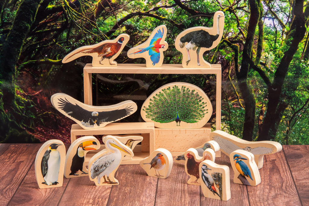 Wooden bird blocks arranged on a wooden rack with painted bird and plant center