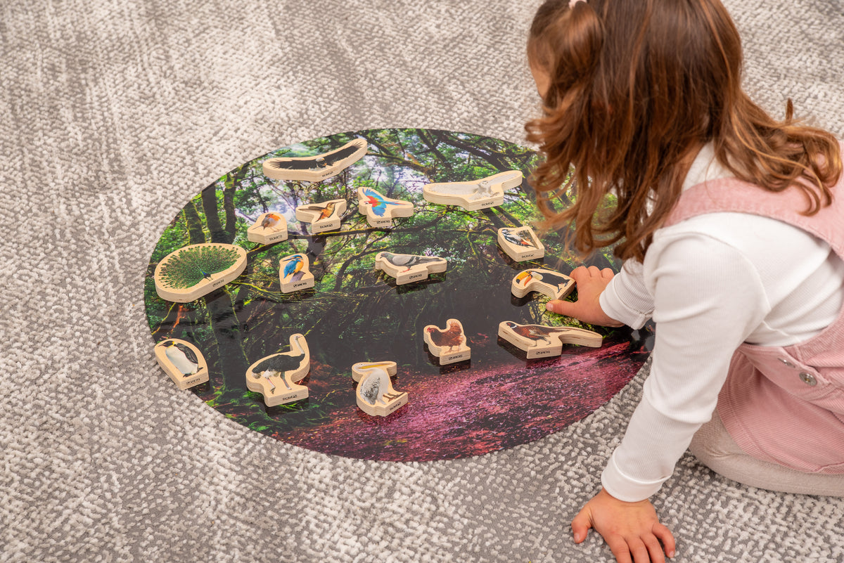 Wooden bird blocks on a circular play mat as a child selects bird pieces