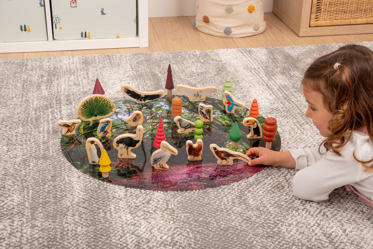 Wooden bird blocks on a circular play mat with a child reaching for figures