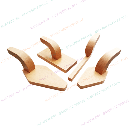 Set of 4 wooden construction tool pieces with curved wooden handles