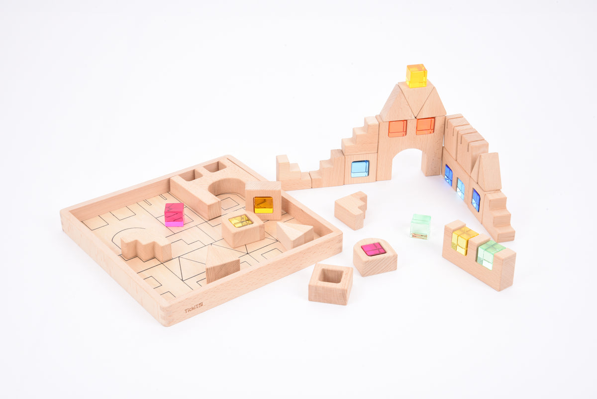 Wooden gem building block set with colorful cube lights and two play bases