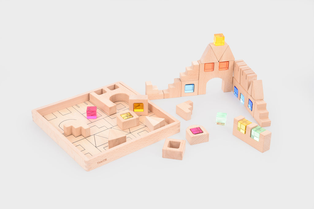 Wooden gem building block set with house archway, bridge pieces, and window blocks