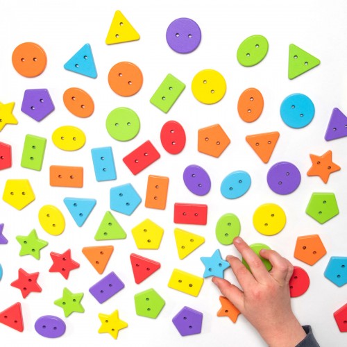 Colorful wooden buttons, mixed shapes and sizes—circles, stars, triangles and hexagons