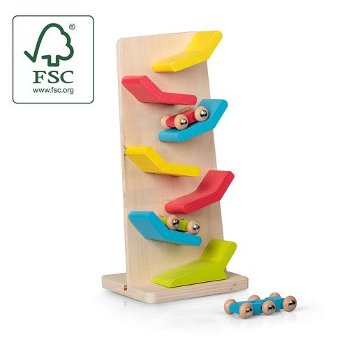 Wooden click-clack track toy car set with colorful rails and two rolling cars