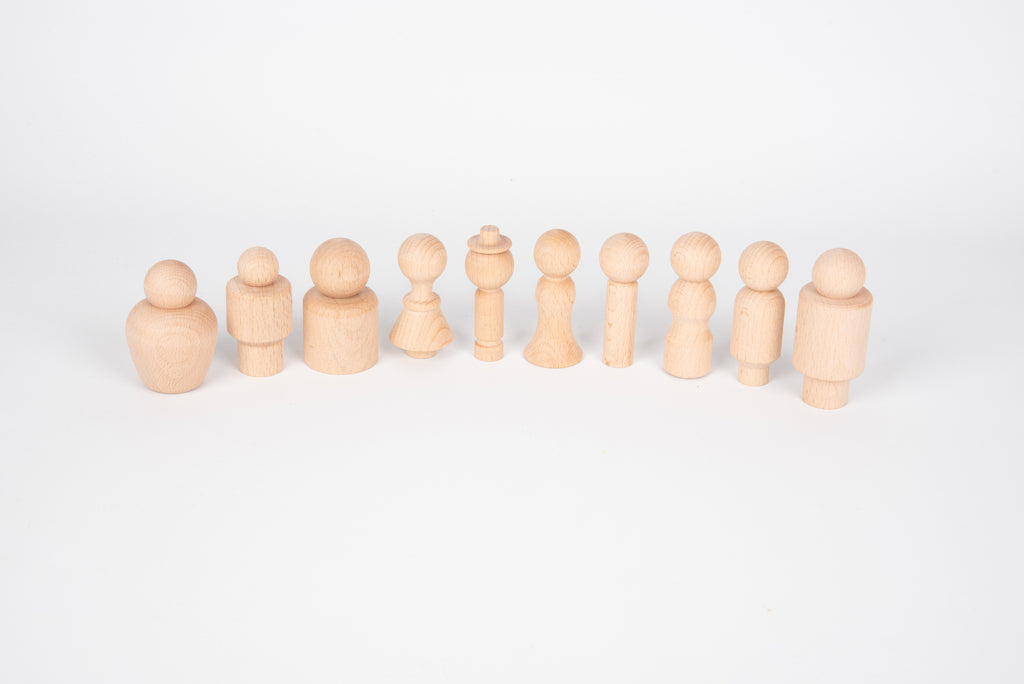 Wooden peg-style human figures, row of assorted standing shapes in light wood