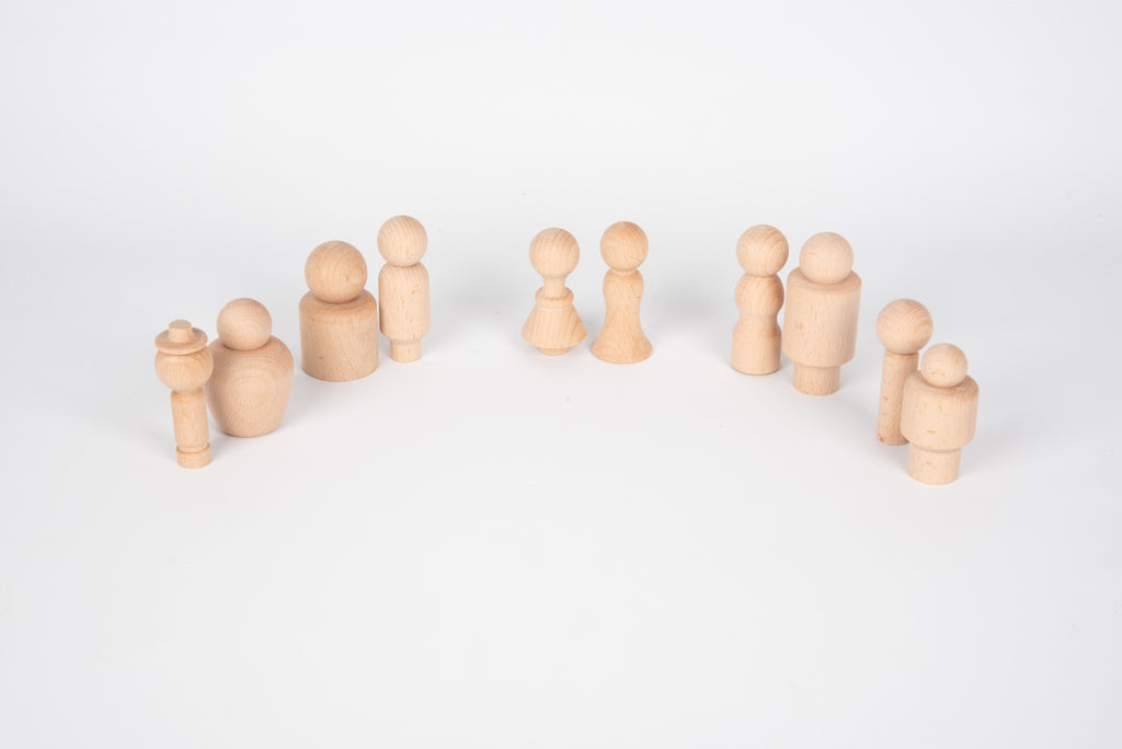 Wooden community figure set with assorted standing and one seated-style wooden person