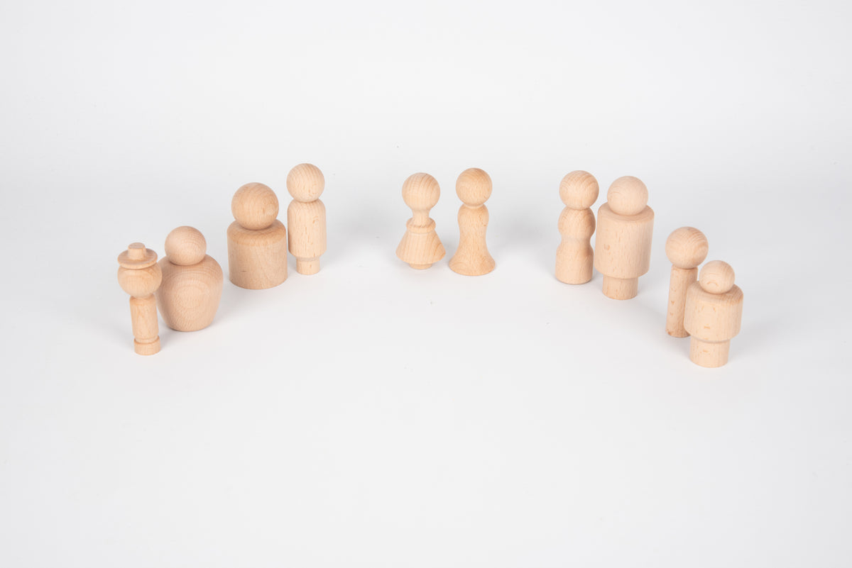 Wooden community figure set with assorted standing and one seated-style wooden person