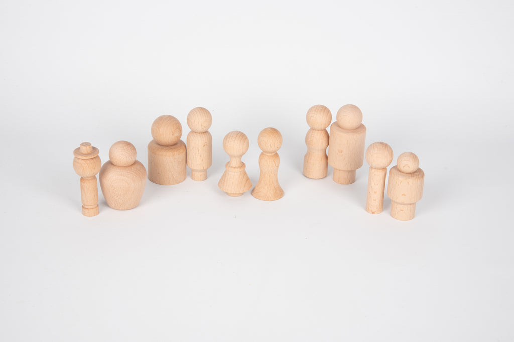 Wooden people figures set with mixed standing pieces and domed seated-style figure