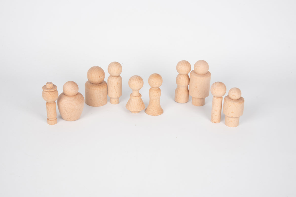 Wooden people figures set with mixed standing pieces and domed seated-style figure