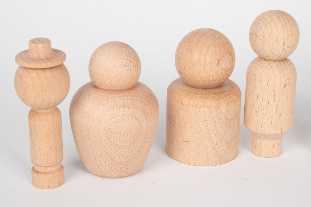 Wooden peg-style human figures with round heads and torsos, light wood set of four