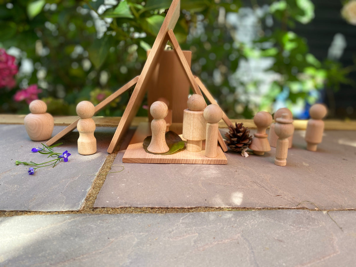 Wooden community figure set with small people pieces and triangular display stand