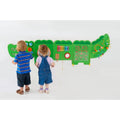 Green wooden crocodile activity wall toy with gears, maze, buttons, and bead tracks
