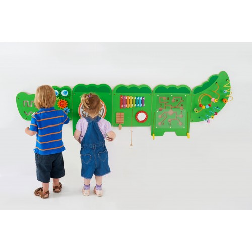 Green wooden crocodile activity wall toy with gears, maze, buttons, and bead tracks