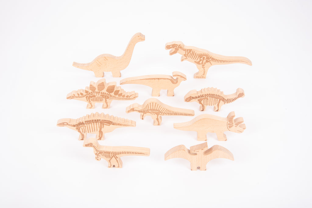 Wooden dinosaur blocks set with engraved ribs and backs, light wood pieces