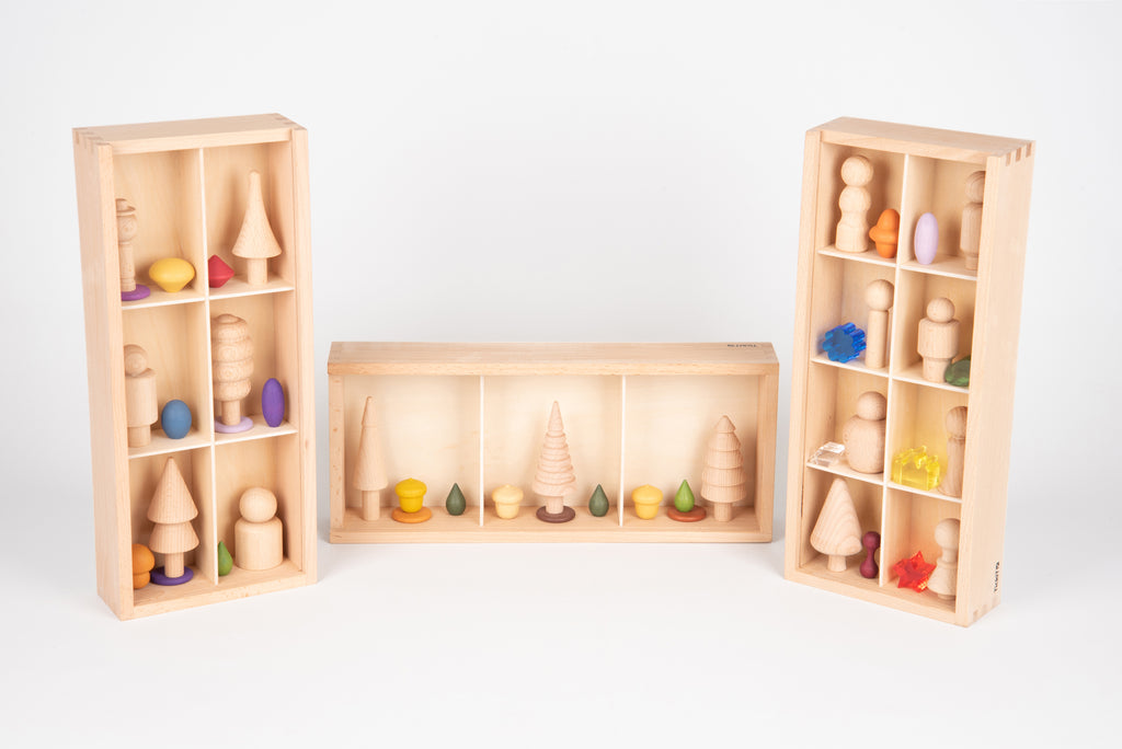 Wooden discovery box set with divided shelves and colorful wooden pieces
