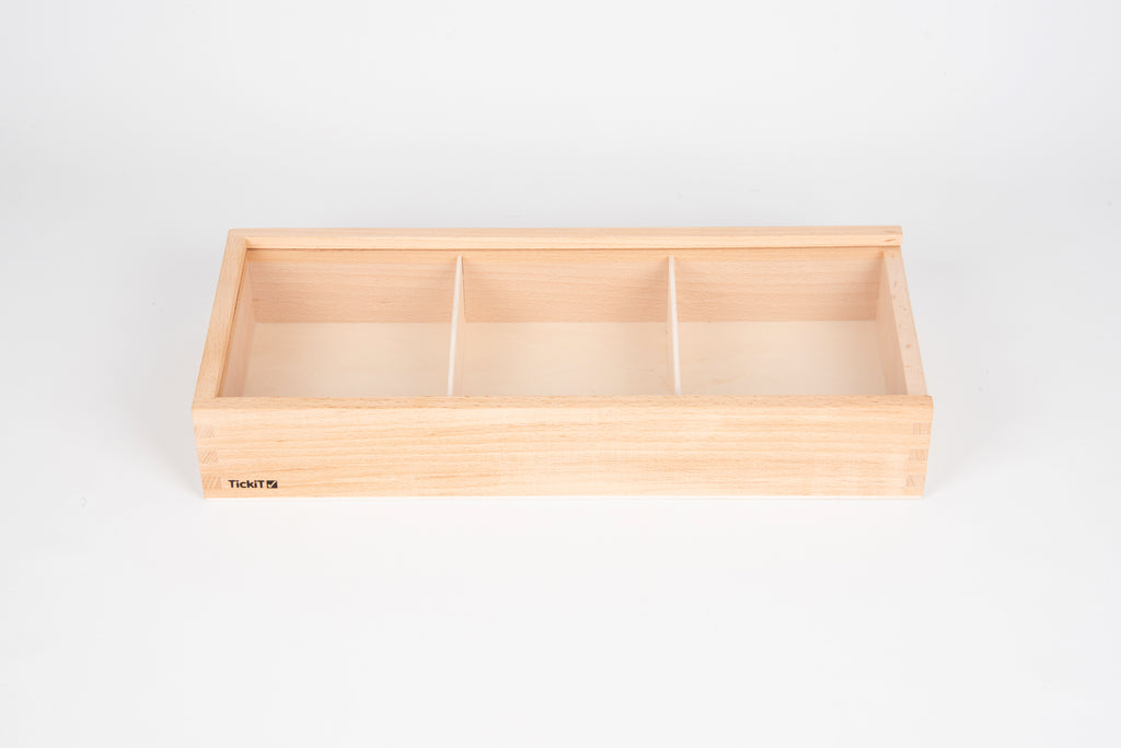 Rectangular wooden discovery box with three internal dividers, empty