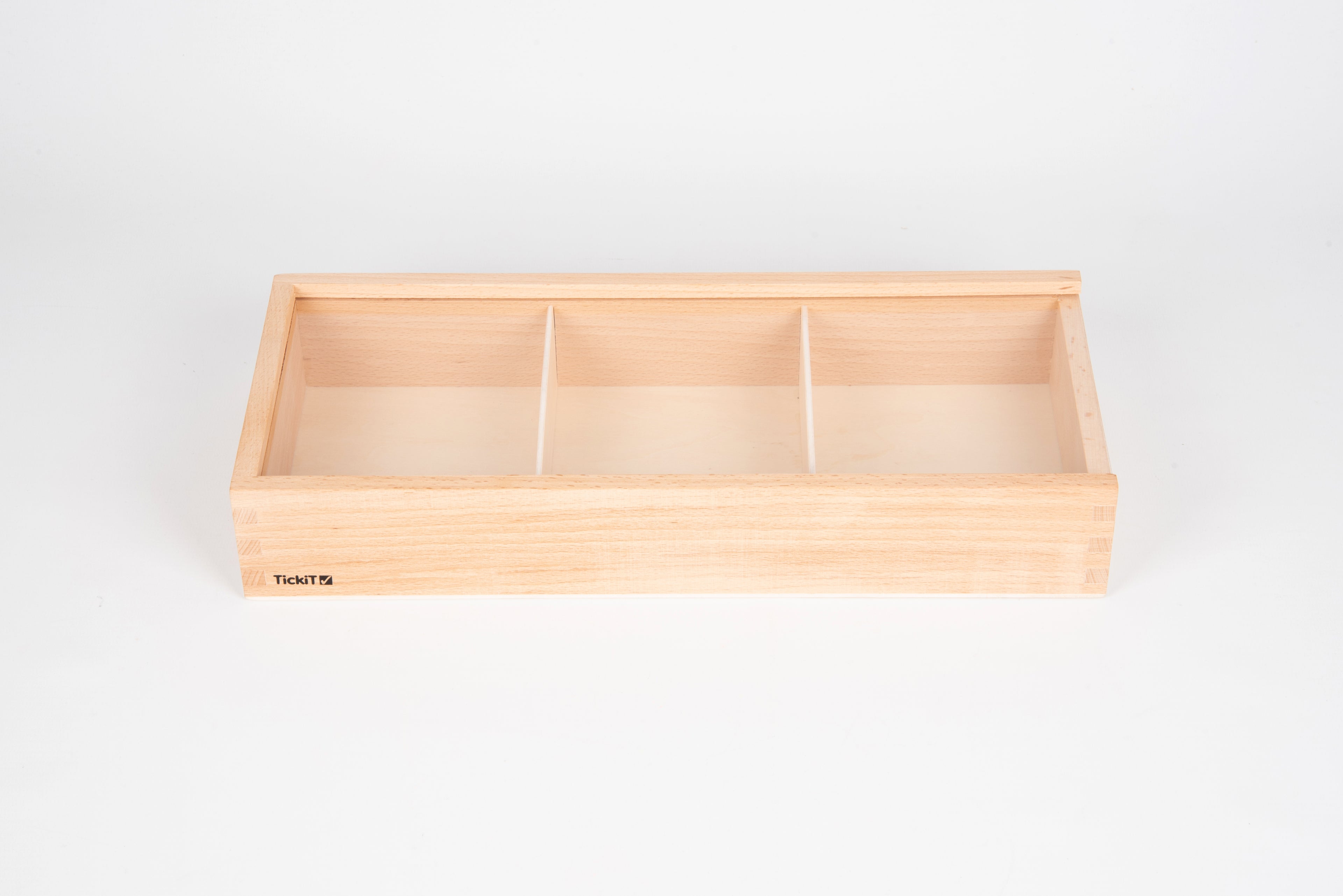 Rectangular wooden discovery box with three internal dividers, empty