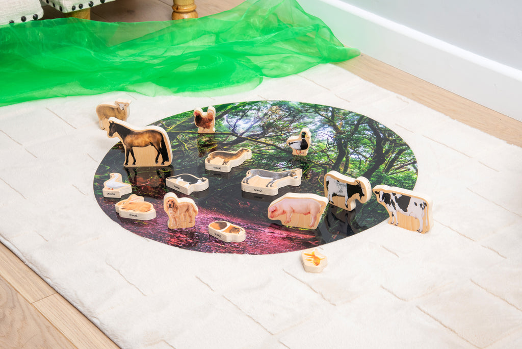 Wooden domestic animal blocks on a round nature scene play mat