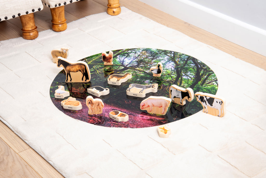 Wooden domestic animal blocks arranged on a circular outdoor scene mat
