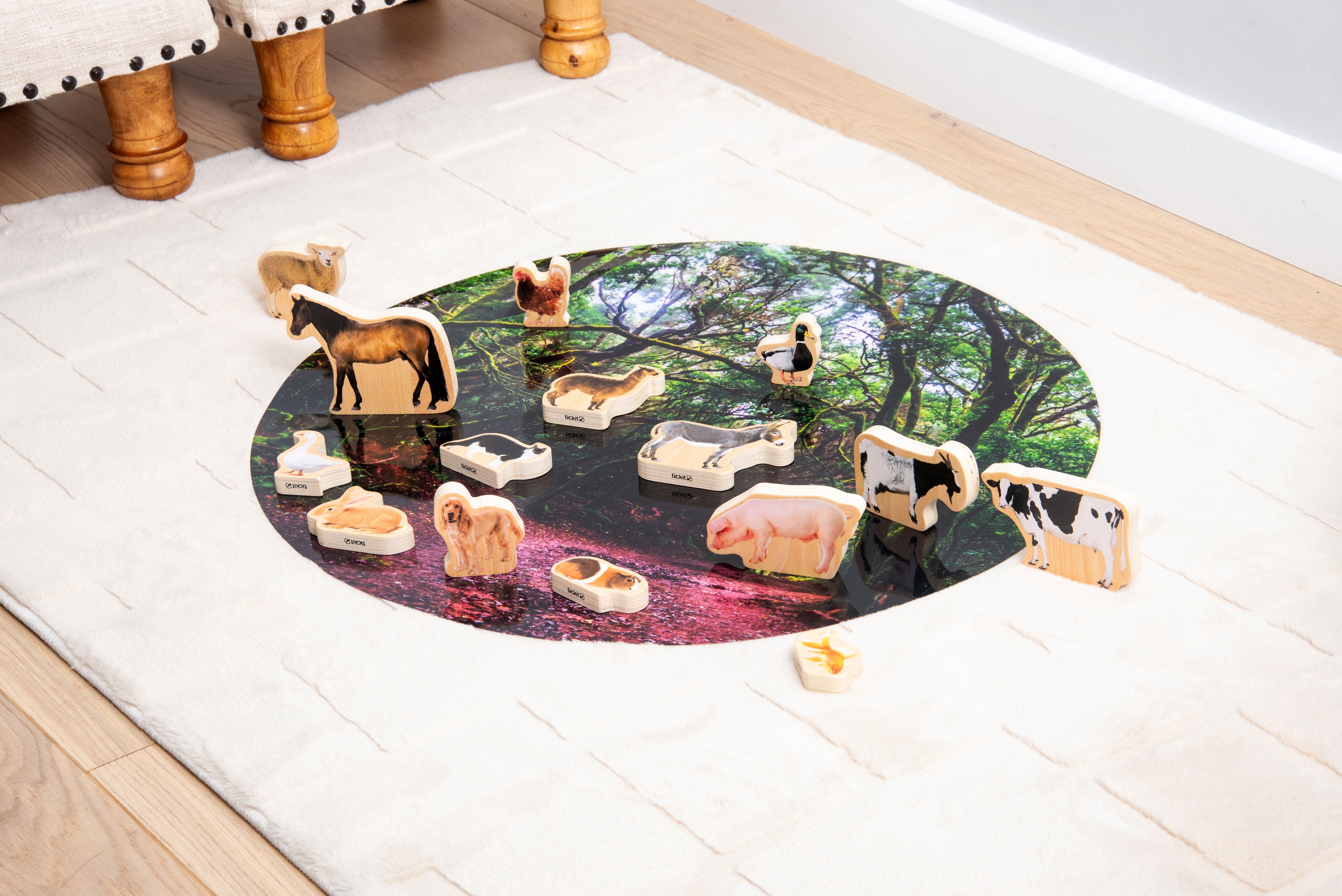 Wooden domestic animal blocks arranged on a circular outdoor scene mat