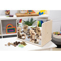Wooden exploratory mirror with mirrored panels and safari animal cutouts on display