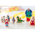 Wooden fairytale character figurines set of painted cutouts, including dragon and wizard