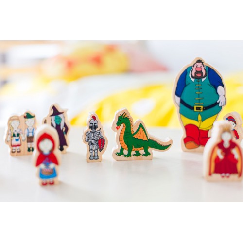 Wooden fairytale character figurines set of painted cutouts, including dragon and wizard