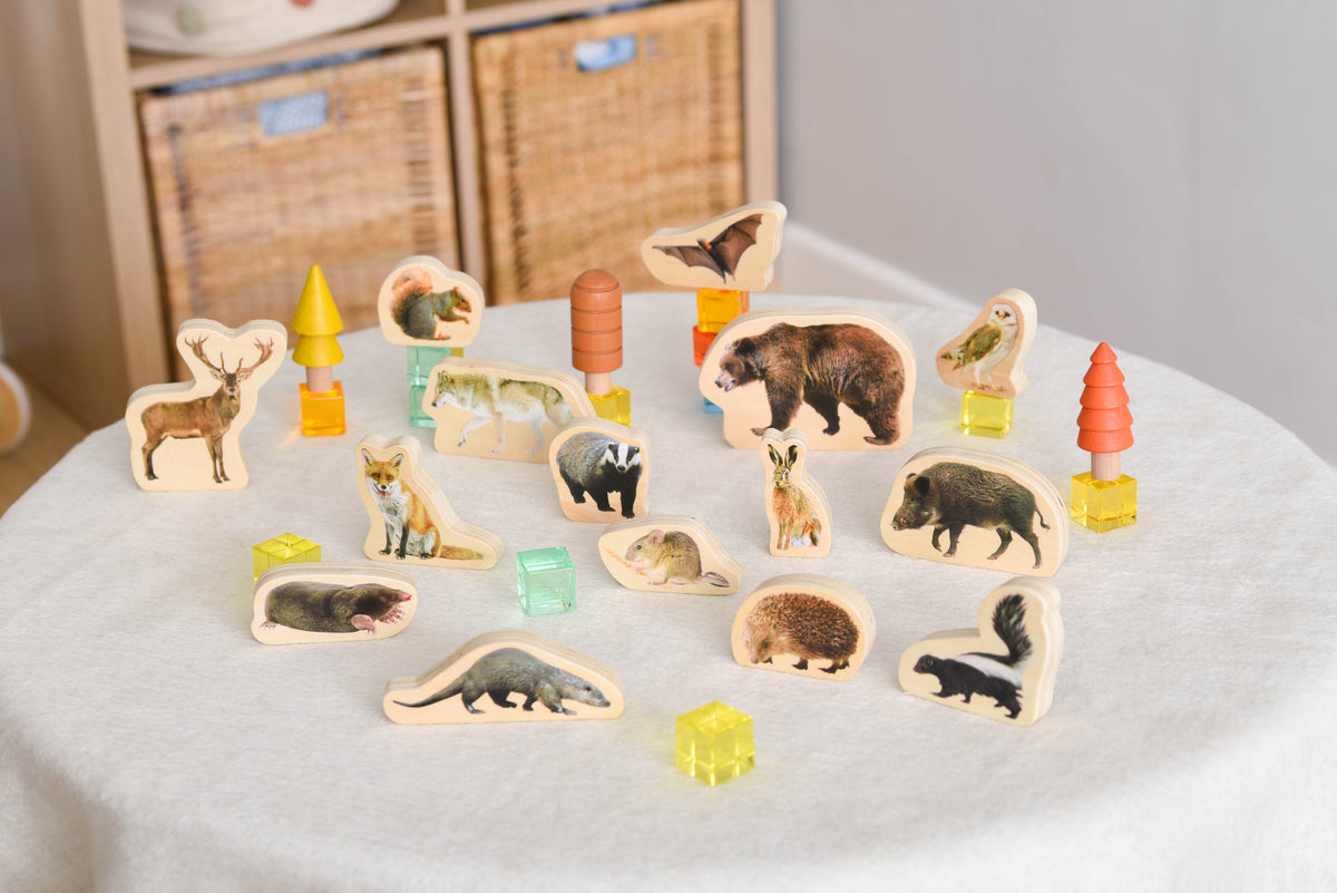Wooden forest animal blocks: assorted animal-shaped wooden cutouts and multicolor cube blocks