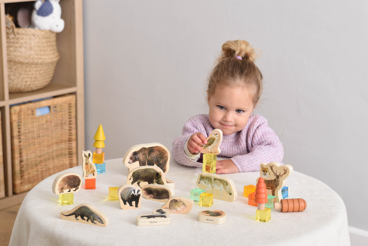 Wooden forest animal blocks set with animal-shaped wooden pieces and colorful cube blocks