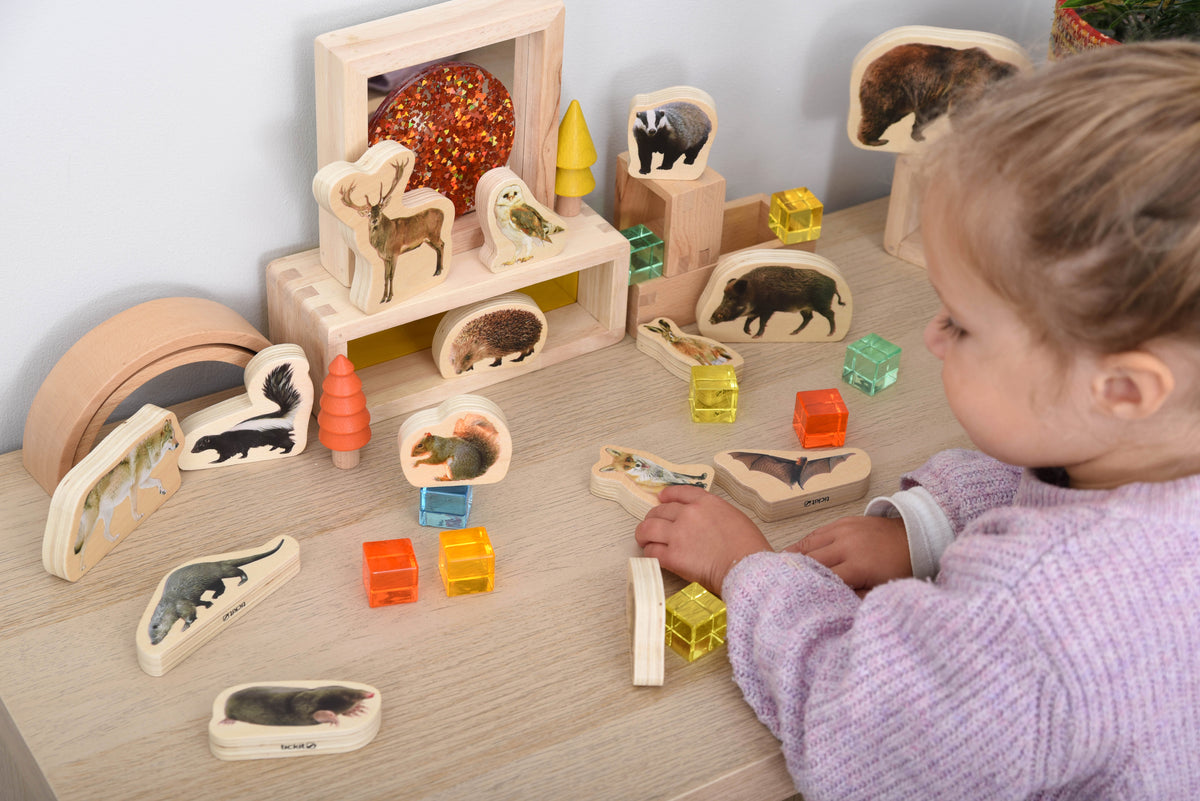 Wooden forest animal blocks on a tabletop with animal pieces, rainbow cube blocks, and a ramp