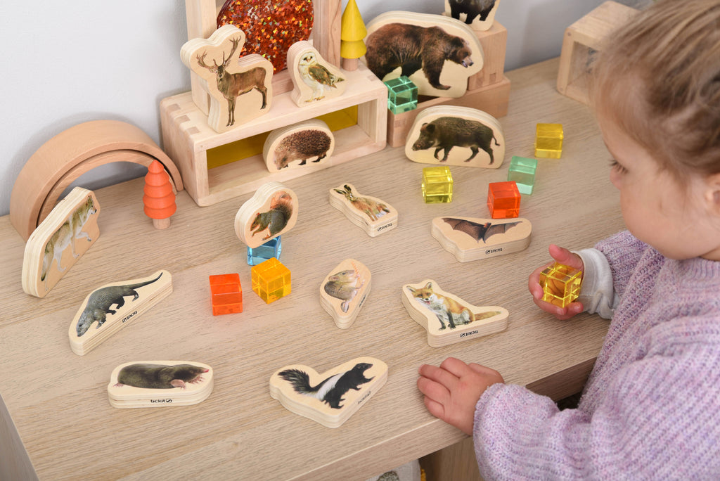 Wooden forest animal blocks with animal cutouts, cube blocks, and a small wooden display ramp