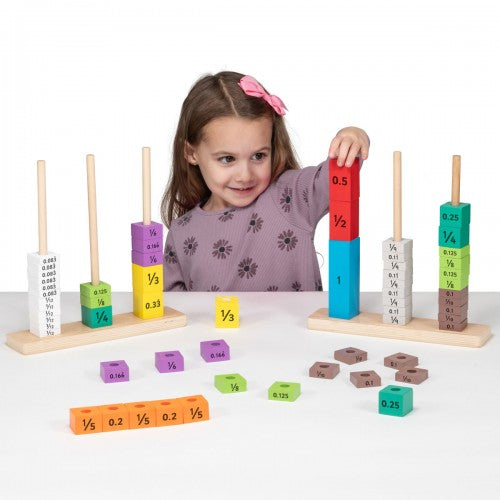 Wooden fraction and decimal towers set with stackable numbered blocks and base stands
