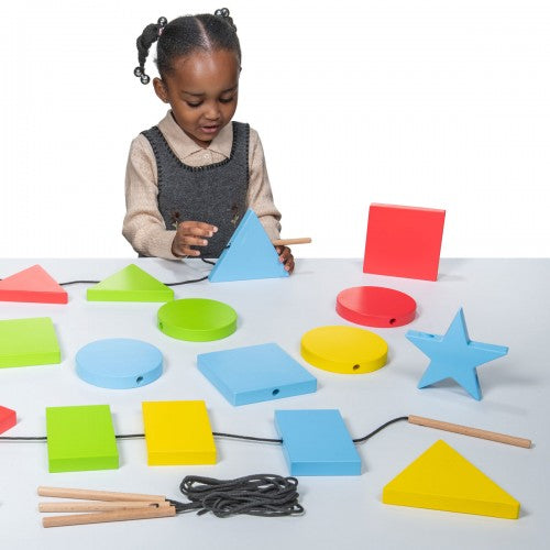 Wooden lacing shapes set with colorful flat pieces, star and triangle, plus black laces