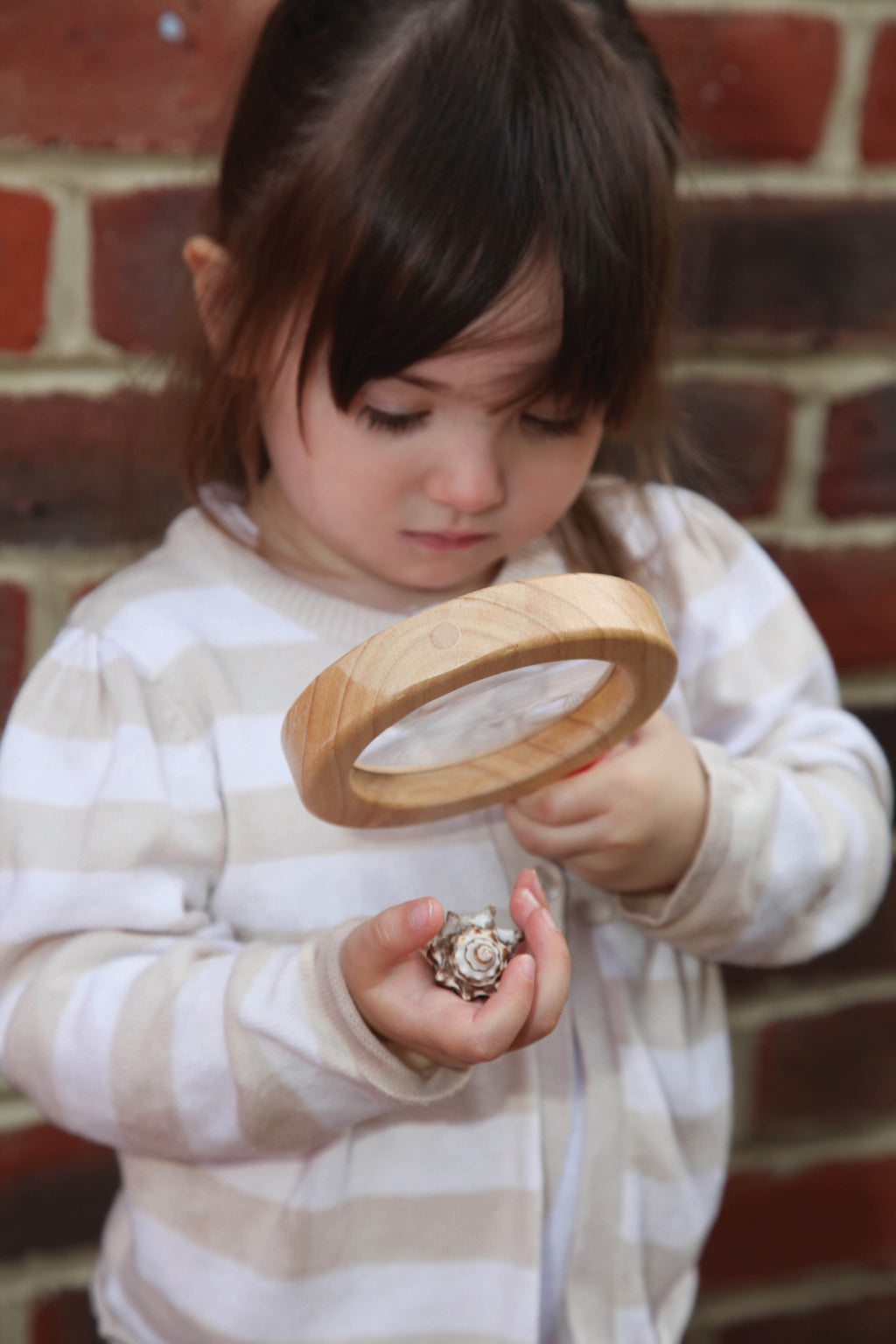 Wooden hand lens with circular magnifying glass and light wood rim