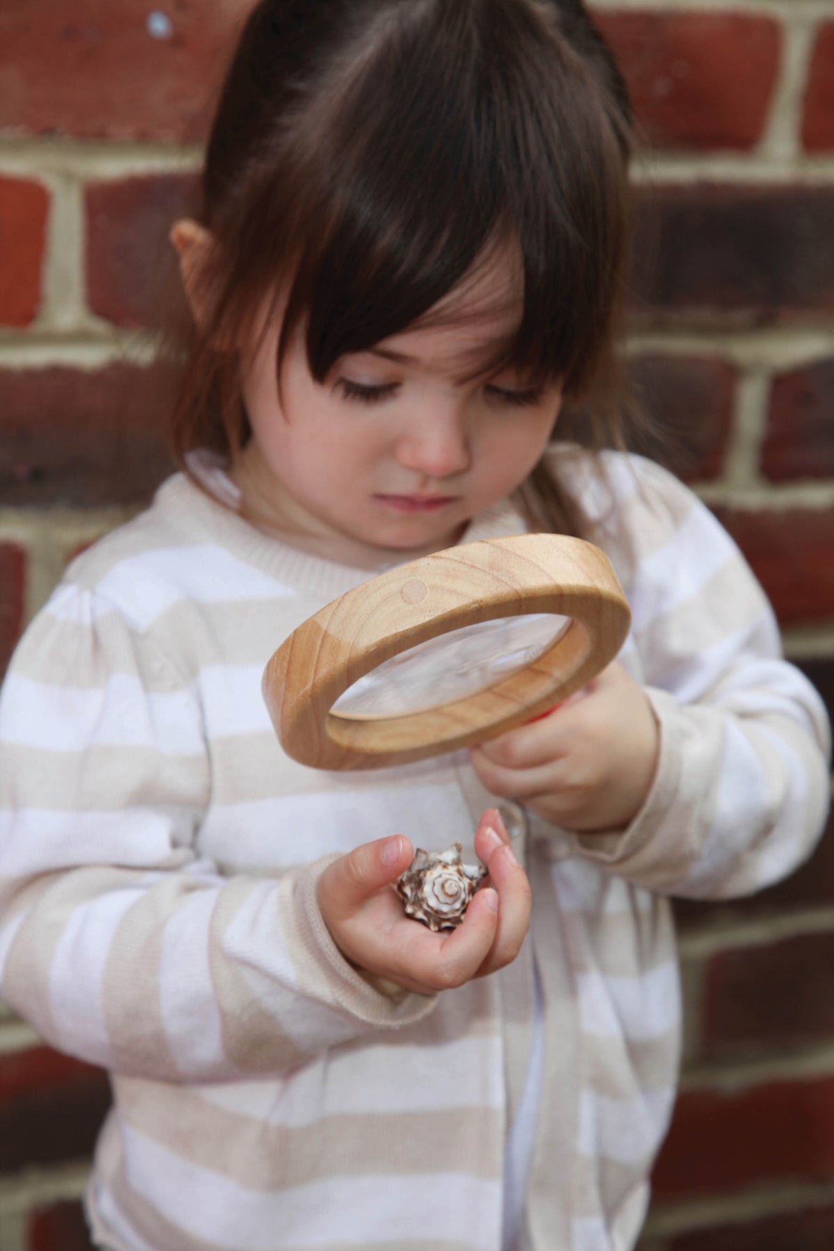 Wooden hand lens with circular magnifying glass and light wood rim