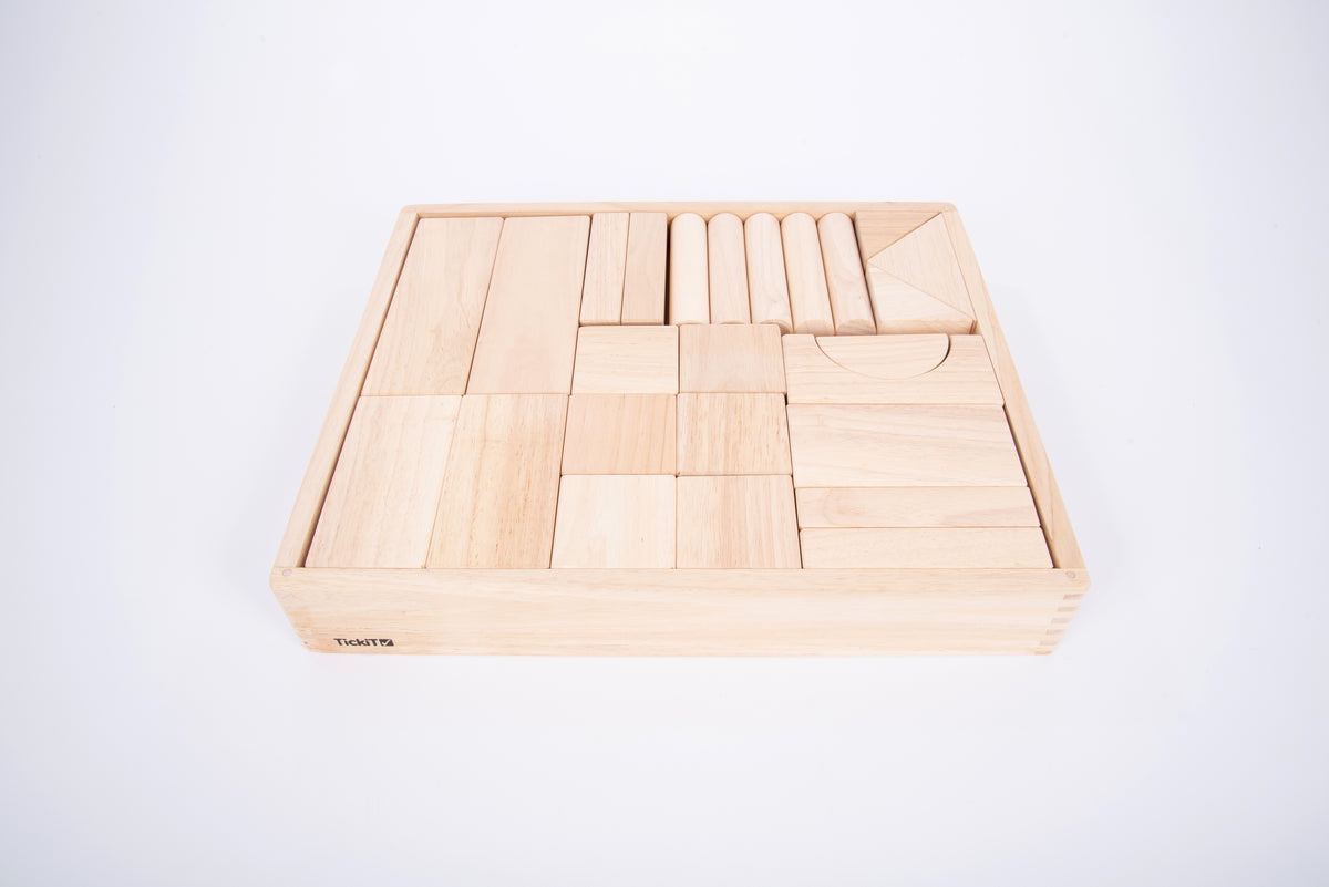 Wooden jumbo block set tray with assorted sliding and stacking pieces